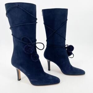 Jimmy Choo Retro y2k Navy Blue Suede Pom Pom Tie Mid-Calf Heeled Boot IT 37.5